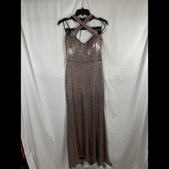 NEW XSCAPE [ 8 ] Allover Sequin Crisscross Halter‎ Gown in Glittery - Picture 5 of 12